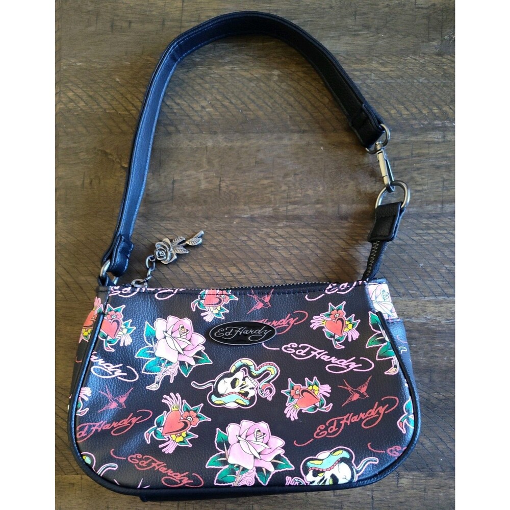 Ed Hardy Black Tattoo Floral/Skull Print Shoulder Bag Zip Closure w/ Rose Charm